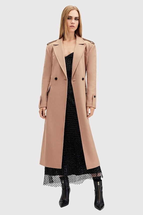 AllSaints płaszcz wełniany AUGUSTA wełna beżowy W058OA