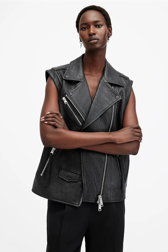 Kožni prsluk AllSaints BILLIE W064LB crna SS25