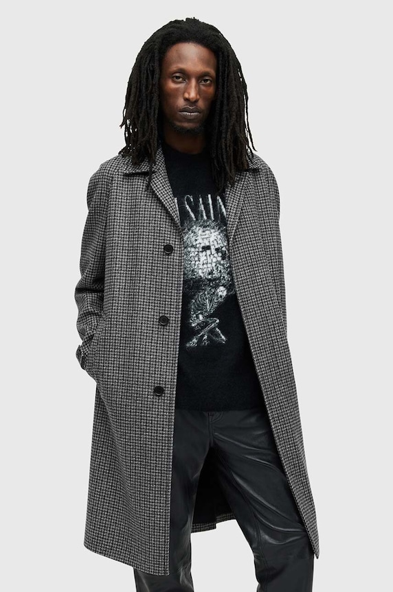 Vlnený kabát AllSaints GOODMAN bez kapucne sivá M017OB
