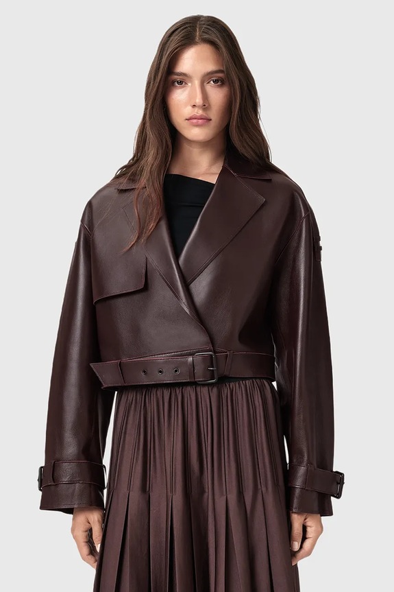 Usnjena jakna AllSaints OPHELIA Oversize bordo W045LB