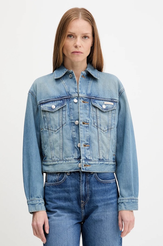 Rifľová bunda Calvin Klein Jeans bez kapucne modrá LV047B075G