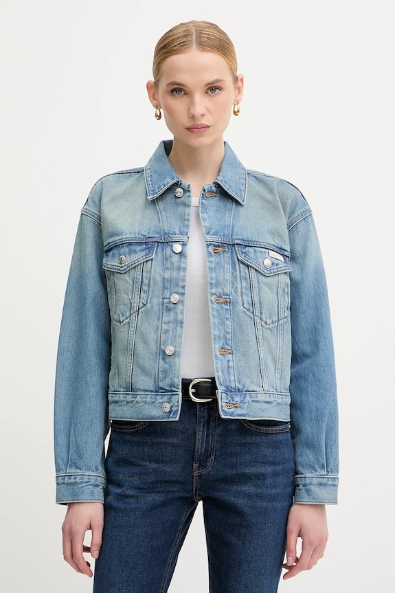 Rifľová bunda Calvin Klein Jeans bez kapucne modrá LV047B075G