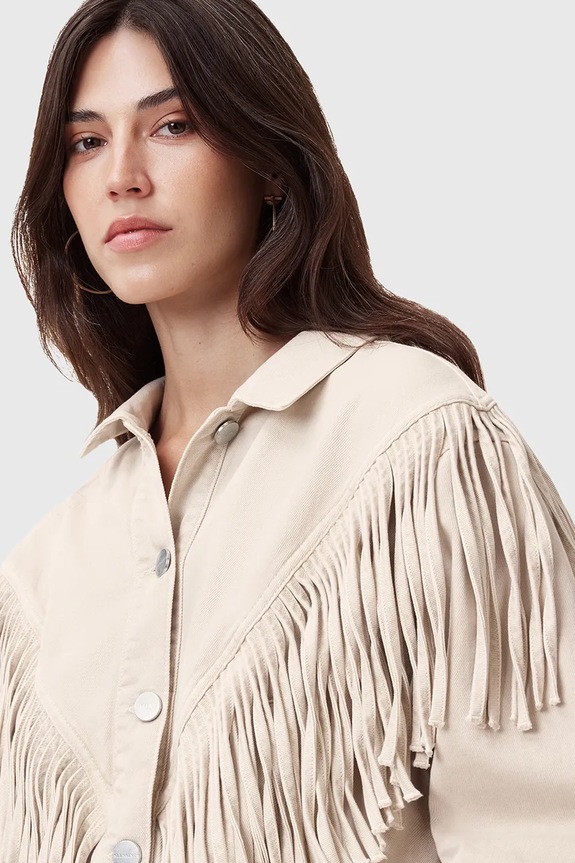 Βαμβακερό μπουφάν AllSaints MARLENE FRNGE W057OC μπεζ SS25