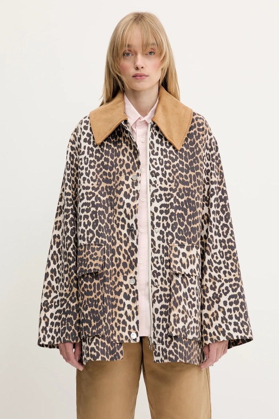GANNI kurtka Printed Canvas Midi brązowy W0391