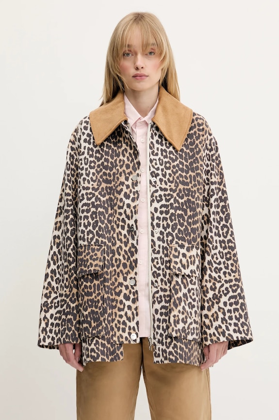 GANNI kurtka Printed Canvas Midi brązowy W0391