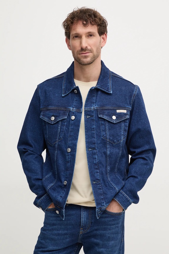 Τζιν μπουφάν Calvin Klein Jeans χωρίς κουκούλα σκούρο μπλε J30J326553