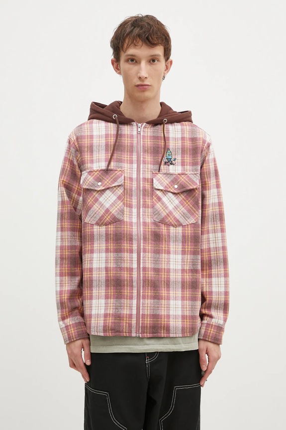 Košeľa s prímesou vlny ICECREAM Hooded Flannel Zip Through káro hnedá IC24435