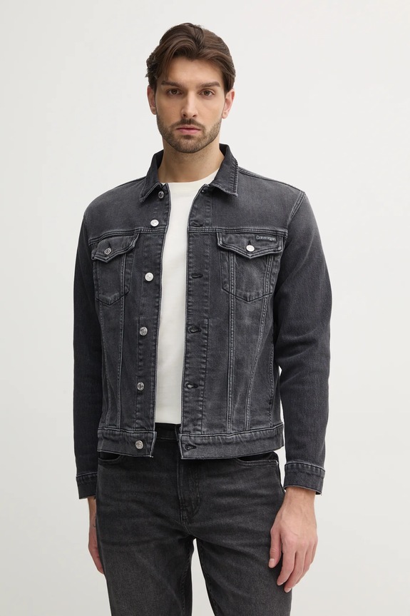 Τζιν μπουφάν Calvin Klein Jeans χωρίς κουκούλα γκρί J30J327589