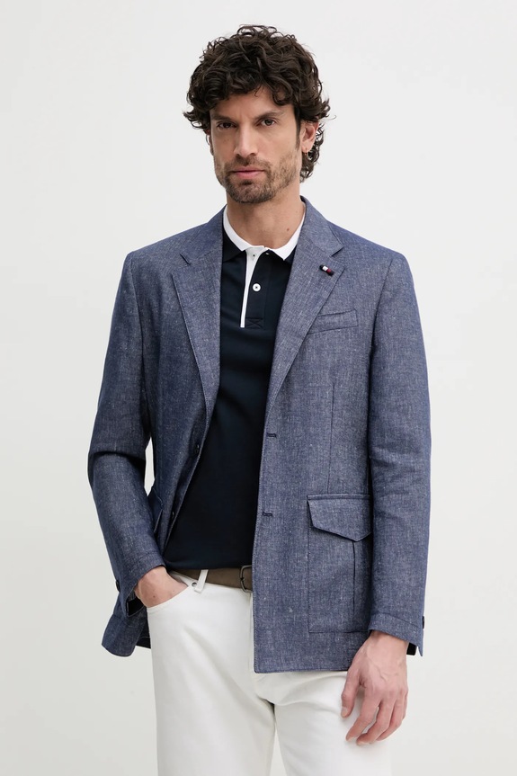 Λινό πανωφόρι Tommy Hilfiger κανονικό σκούρο μπλε SQTHL5965.SQTH503