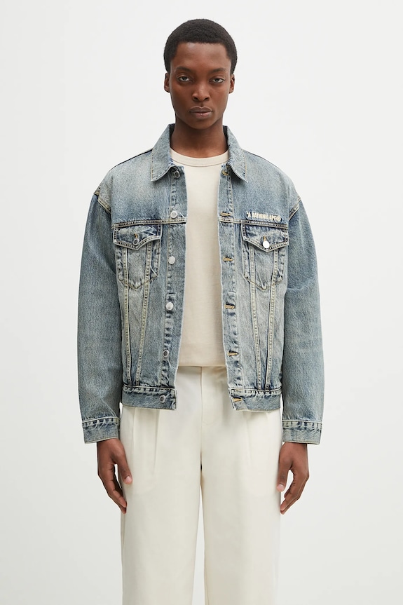 Bavlněná džínová bunda A Bathing Ape Distressed 13Oz Denim Trucker nezateplené modrá 1K80140308