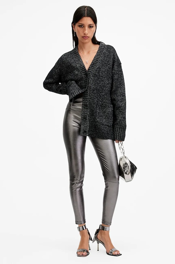 Kožené legíny AllSaints CORA pletenina stříbrná W058TB