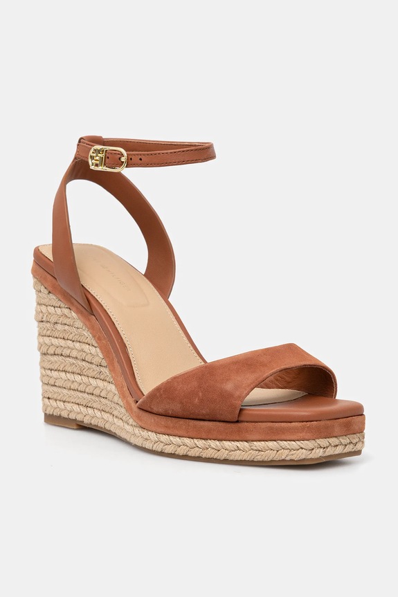 Tommy Hilfiger bőr szandál LEATHER & SUEDE HIGH WEDGE ESPAD koturnus barna FW0FW08803