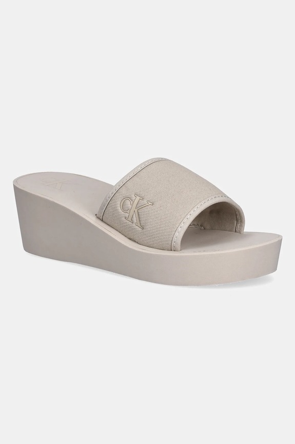 Παντόφλες Calvin Klein Jeans BEACH WEDGE SLIDE CANVAS πλατφόρμα μπεζ YW0YW01725