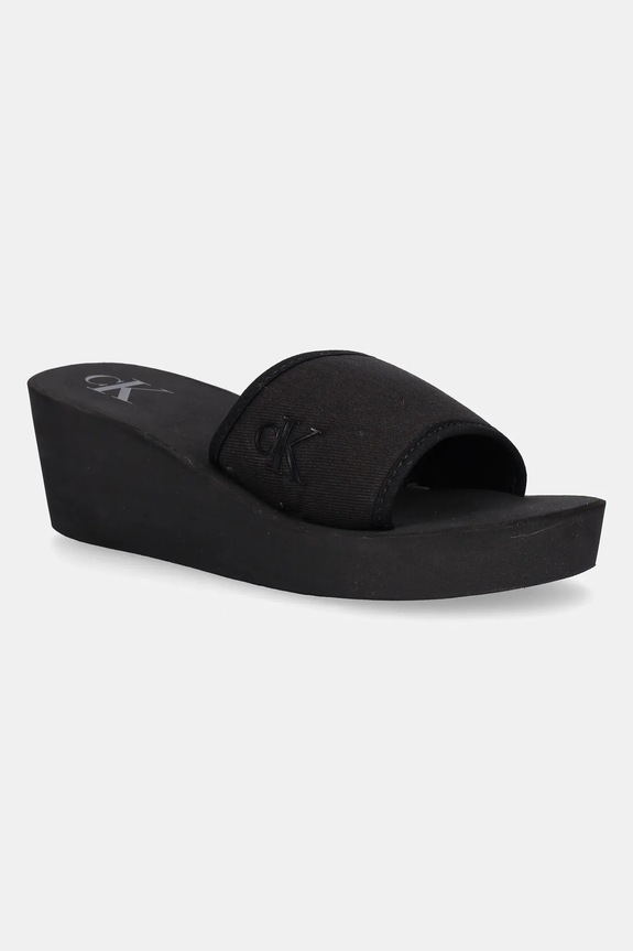 Παντόφλες Calvin Klein Jeans BEACH WEDGE SLIDE CANVAS πλατφόρμα μαύρο YW0YW01725
