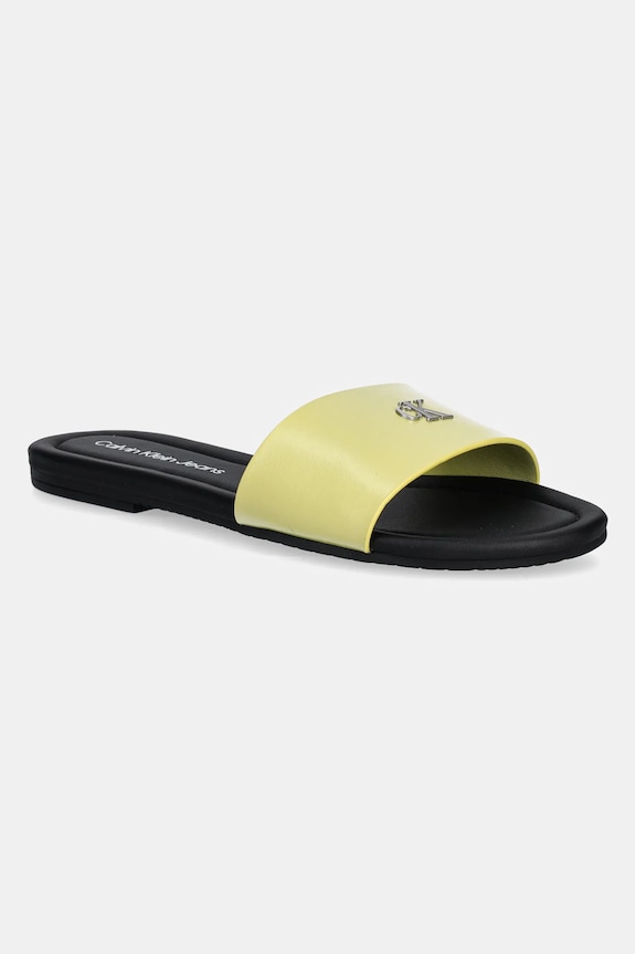 Calvin Klein Jeans papuci FLAT SANDAL SLIDE MG imitatie de piele galben YW0YW01697