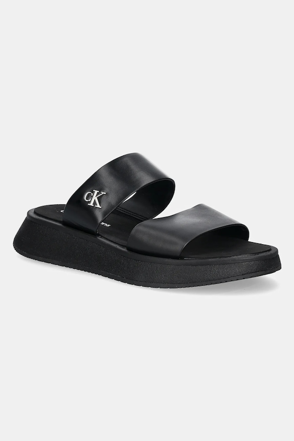 Šľapky Calvin Klein Jeans SANDAL SLIDE DOUBLE STRAP usňová koža čierna YW0YW01694