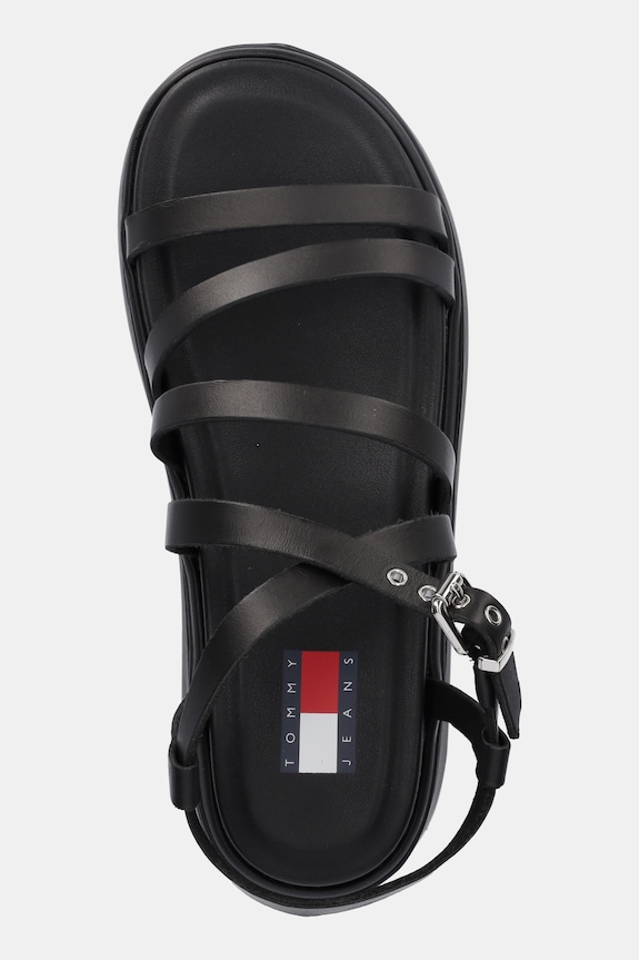 Usnjeni sandali Tommy Jeans WEDGY STRAPPY SANDAL črna EN0EN02756