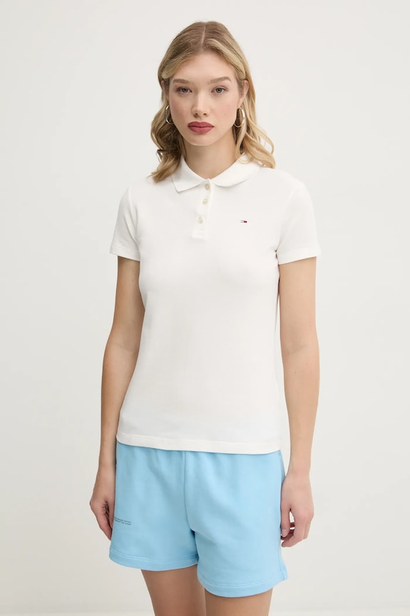 Tommy Jeans тениска с яка дамска от памук с еластан стандартна бежов DW0DW20160