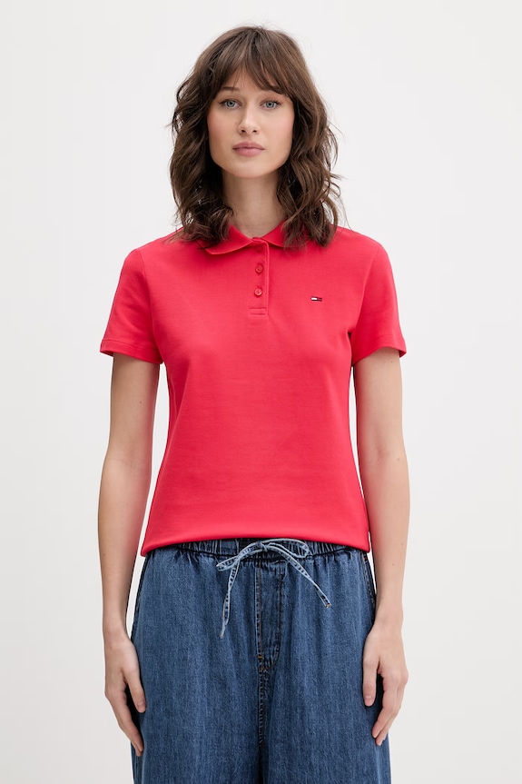Tommy Jeans polo majica ženska bombažna z elastanom rdeča DW0DW20160