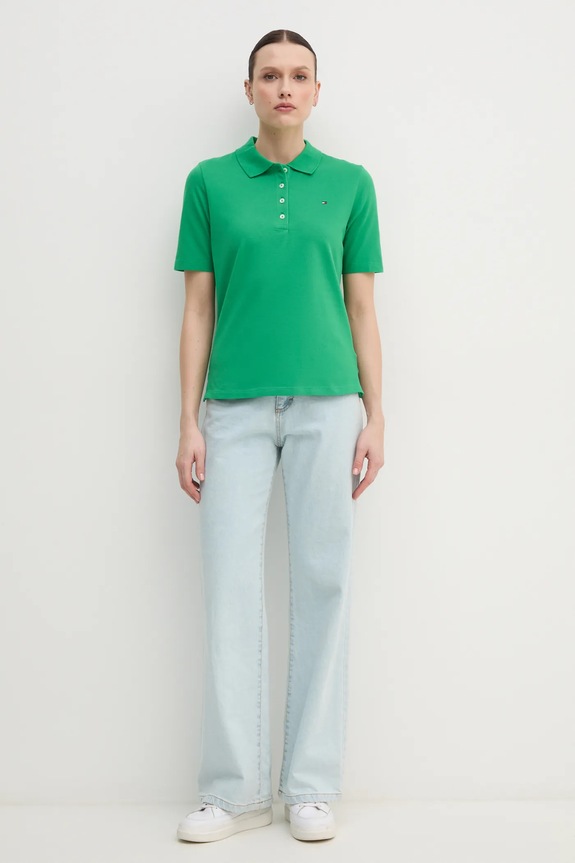 Tommy Hilfiger polo damskie z bawełną WW0WW43224 zielony SS26