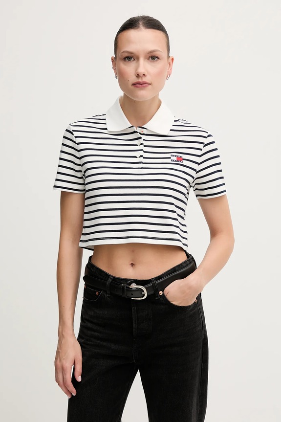 Tommy Jeans polo damskie bawełniane z elastanem zapinany biały DW0DW21363