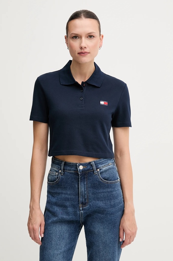 Tommy Jeans polo majica ženska bombažna z elastanom Na zapenjanje mornarsko modra DW0DW21363