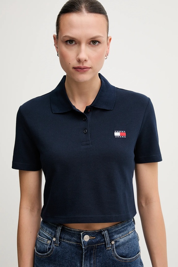 Oblačila Tommy Jeans polo majica ženska bombažna z elastanom DW0DW21363 mornarsko modra