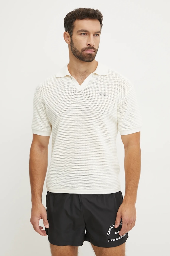 Bavlněné polo tričko Karl Lagerfeld hladký béžová A1M46068