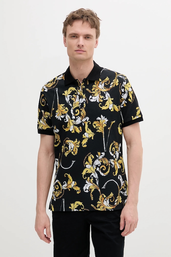 Βαμβακερό μπλουζάκι πόλο Versace Jeans Couture εμπριμέ μαύρο 78GAG6S0.JS460