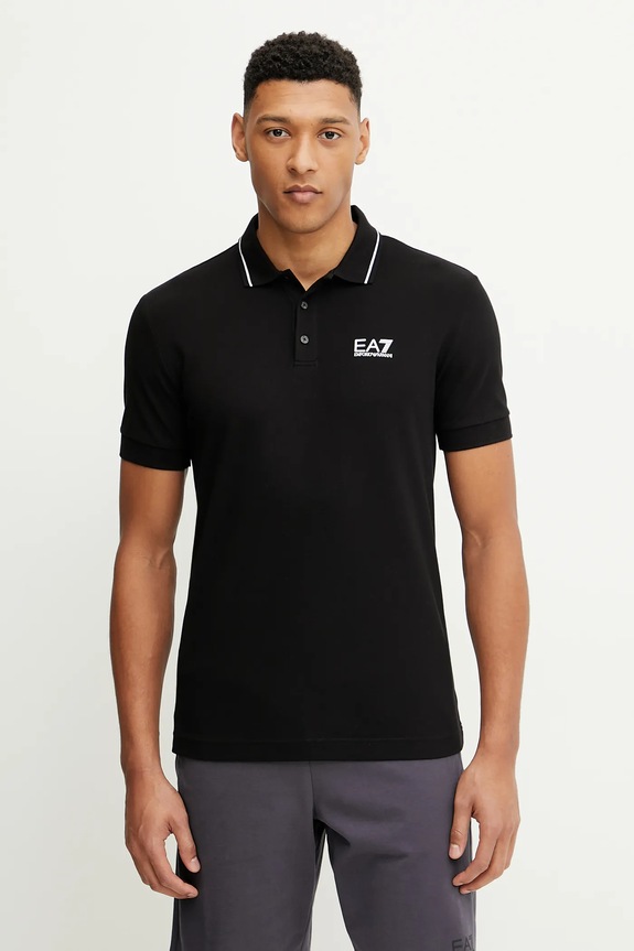 EA7 Emporio Armani polo tričko pánske bavlnené s elastanom jednofarebný čierna PJVUZ.8NPF16