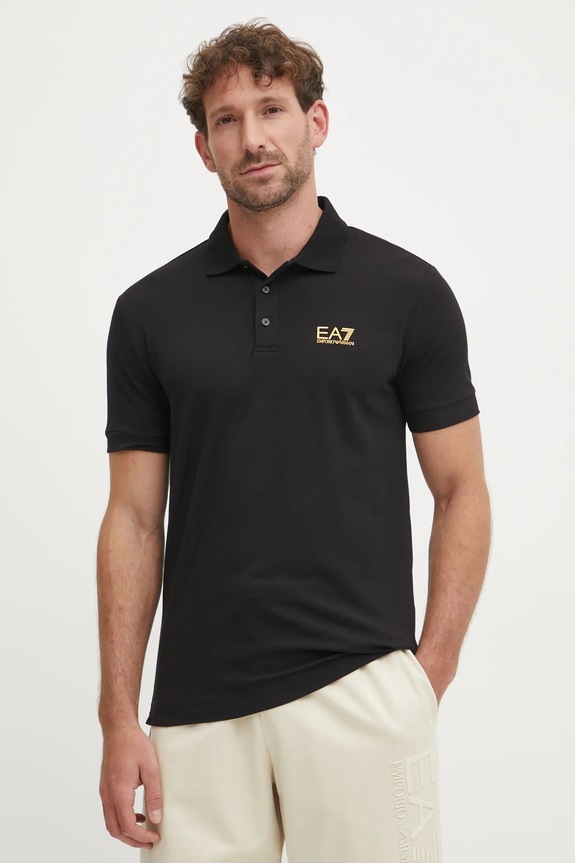 EA7 Emporio Armani polo tričko pánske bavlnené s elastanom potlač čierna PJVQZ.8NPF14