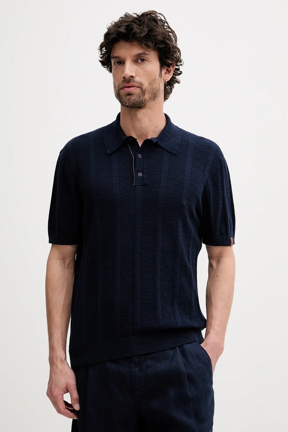 Polo tričko se lněnou směsí United Colors of Benetton s příměsí lnu námořnická modř 115GK301G