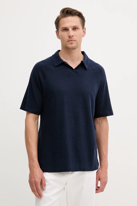 Plátěné polo tričko United Colors of Benetton len námořnická modř 3UTFU302A