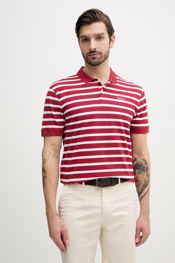 Βαμβακερό μπλουζάκι πόλο Pepe Jeans BARRET εμπριμέ κόκκινο PM542241