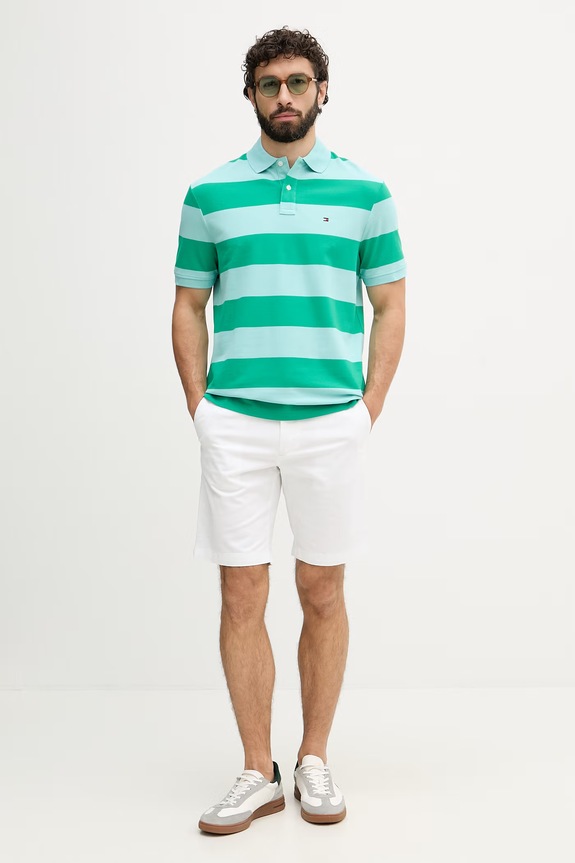 Tommy Hilfiger polo tričko pánske bavlnené s elastanom MW0MW39045 zelená SS26