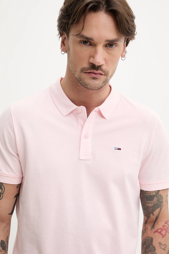 Tommy Jeans polo pánské bavlněné růžová DM0DM20676