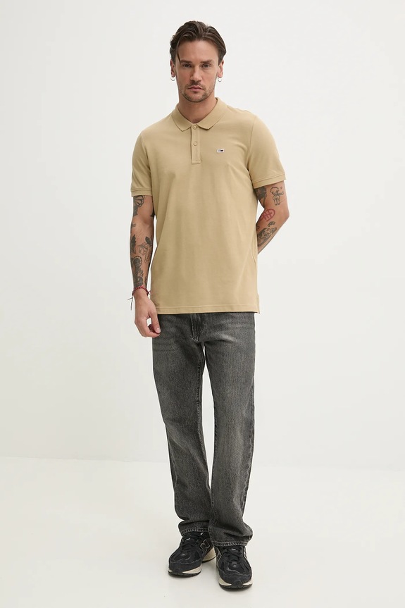 Tommy Jeans polo tričko pánske bavlnené DM0DM20676 béžová SS26