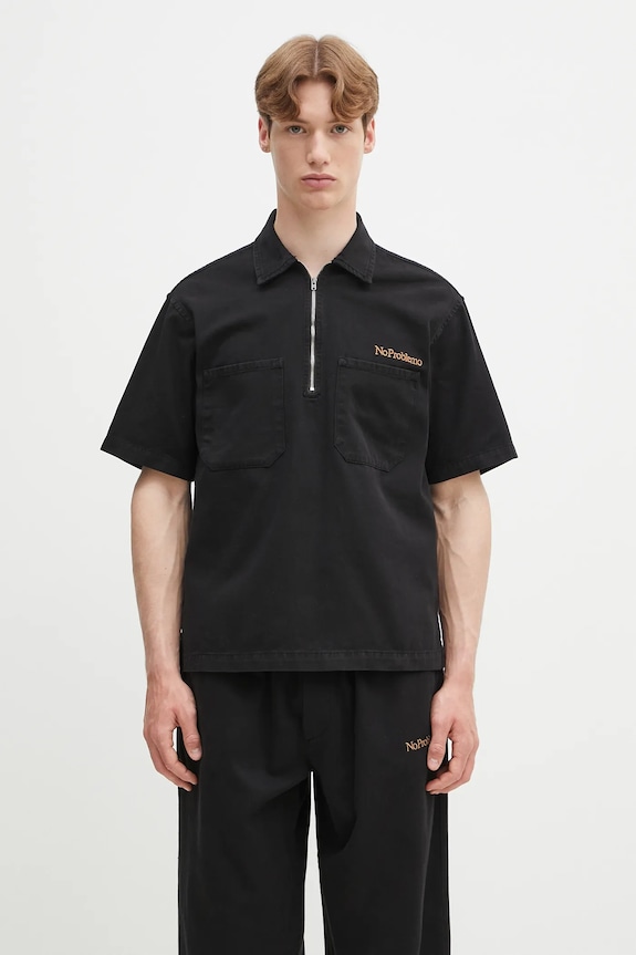 Βαμβακερό μπλουζάκι πόλο No Problemo Mini Problemo SS Work Shirt - Twill κανονικό μαύρο NP4011403