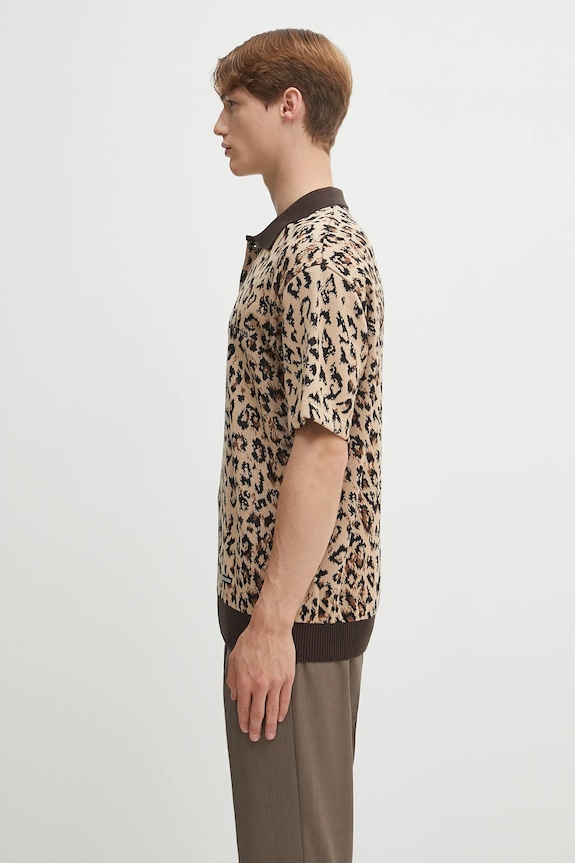 Wacko Maria polo bawełniane LEOPARD KNIT POLO SHIRT ( TYPE-1 ) 25SS.WMK.KN22 beżowy SS25
