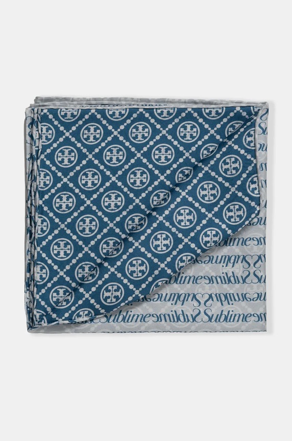 Tory Burch eșarfă de mătase T Monogram Sublime Silk 166713.400 albastru SS25