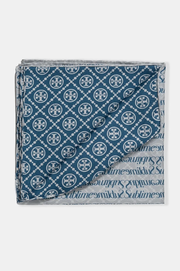 Tory Burch eșarfă de mătase T Monogram Sublime Silk 166713.400 albastru SS25