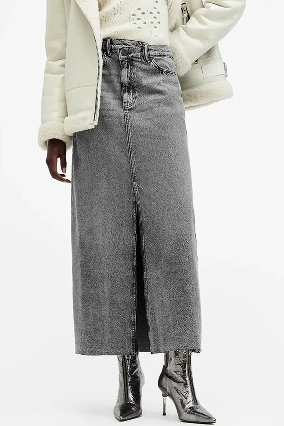 AllSaints fustă din denim NOIR MAXI W023RB negru SS25