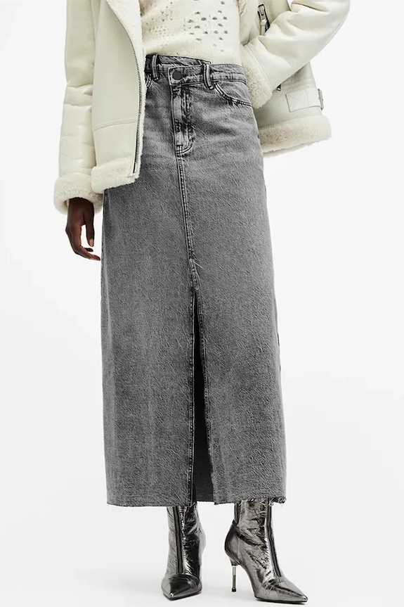 AllSaints fustă din denim NOIR MAXI W023RB negru SS25