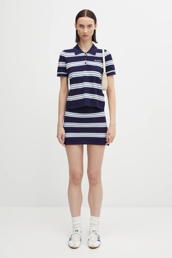 Sporty & Rich fustă de mătase Serif Logo Silk Pique Aline SK016621300BL121 bleumarin