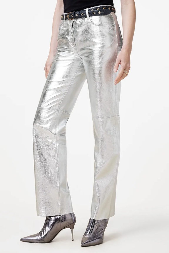 Kožené kalhoty AllSaints SAIGE W047TB stříbrná SS25
