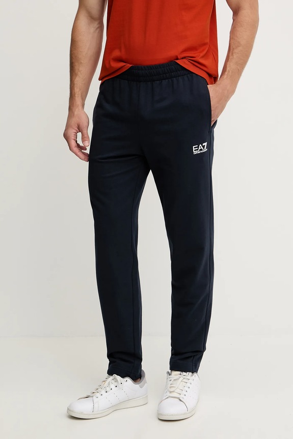 EA7 Emporio Armani pantaloni tuta di cotone sovrastampa blu navy 8NPP65.PJVRZ