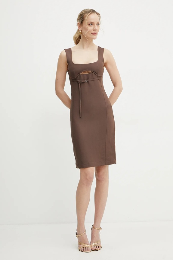 Obleka iz mešanice lana Patrizia Pepe Mini rjava 2A2874.A052