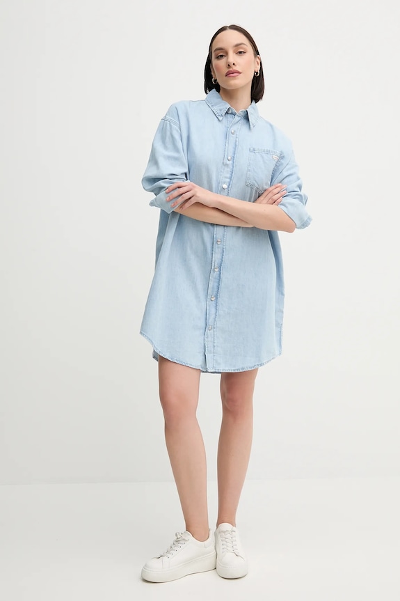 Šaty s příměsí lnu Calvin Klein Jeans J20J225172 modrá SS25
