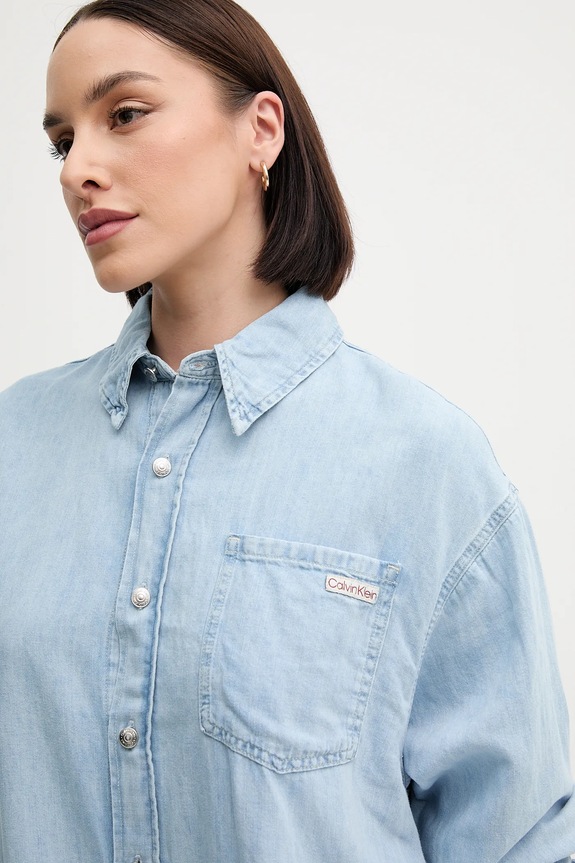 Šaty s příměsí lnu Calvin Klein Jeans modrá J20J225172