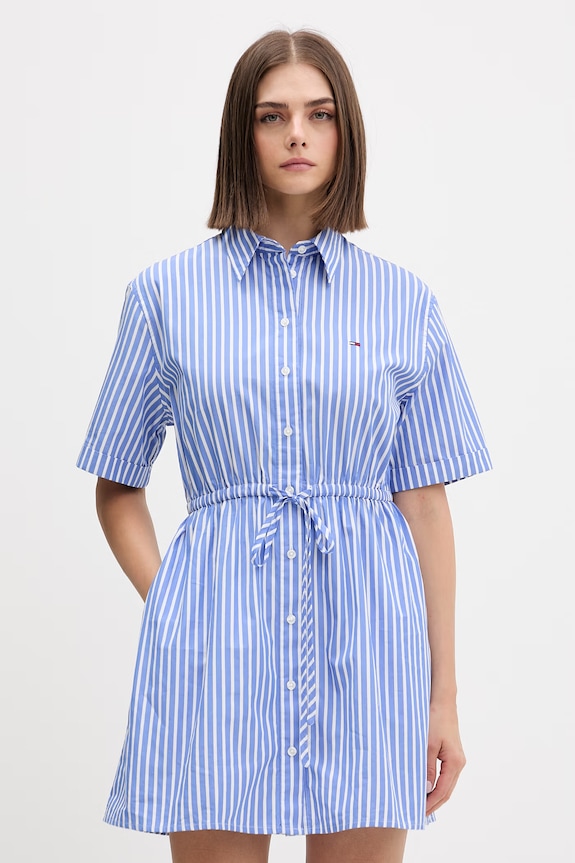 Tommy Jeans rochie tip cămașă din bumbac albastru DW0DW20617